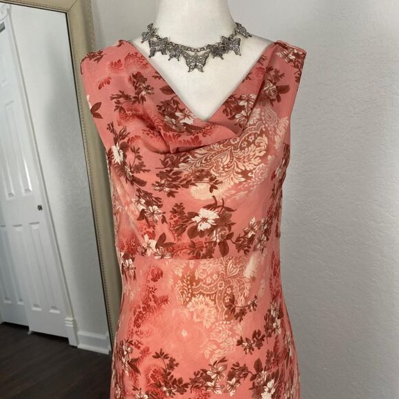 Orange Pink Garden Fairy Cottage Core Cowl Neck Flower Midi Dress USA Made S - Picture 4 of 7